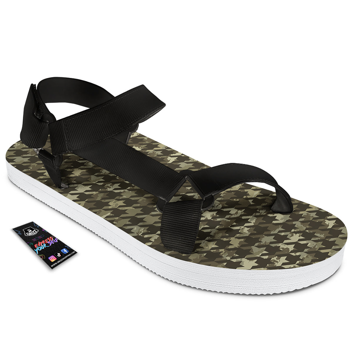 Houndstooth Camouflage Green Print Pattern Black Open Toe Sandals-grizzshop