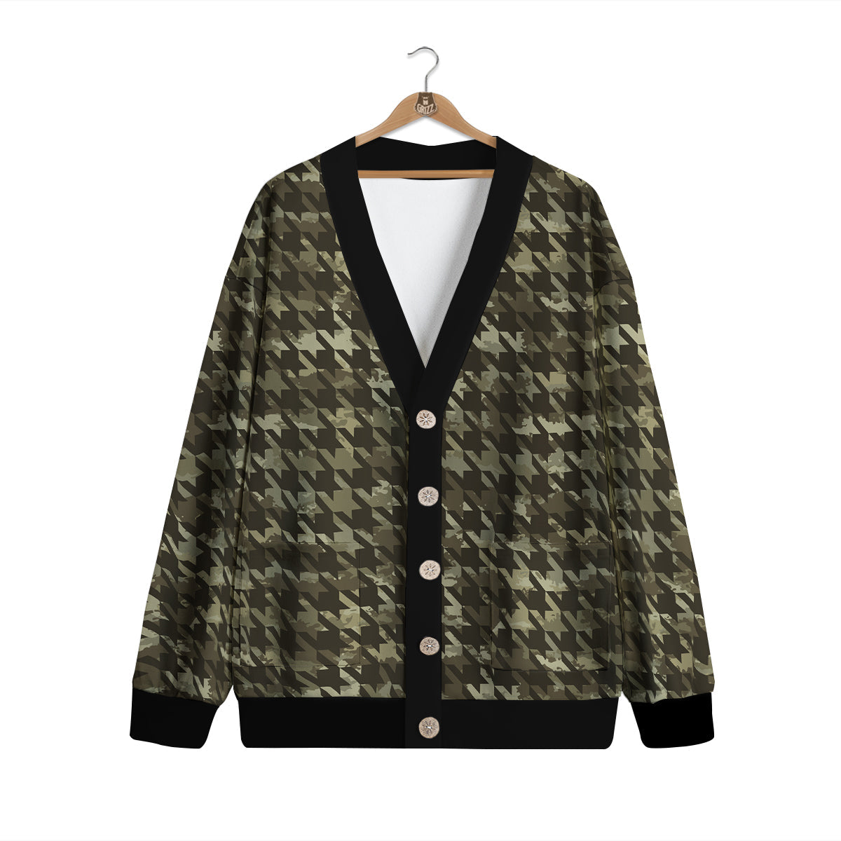 Houndstooth Camouflage Green Print Pattern Cardigan-grizzshop