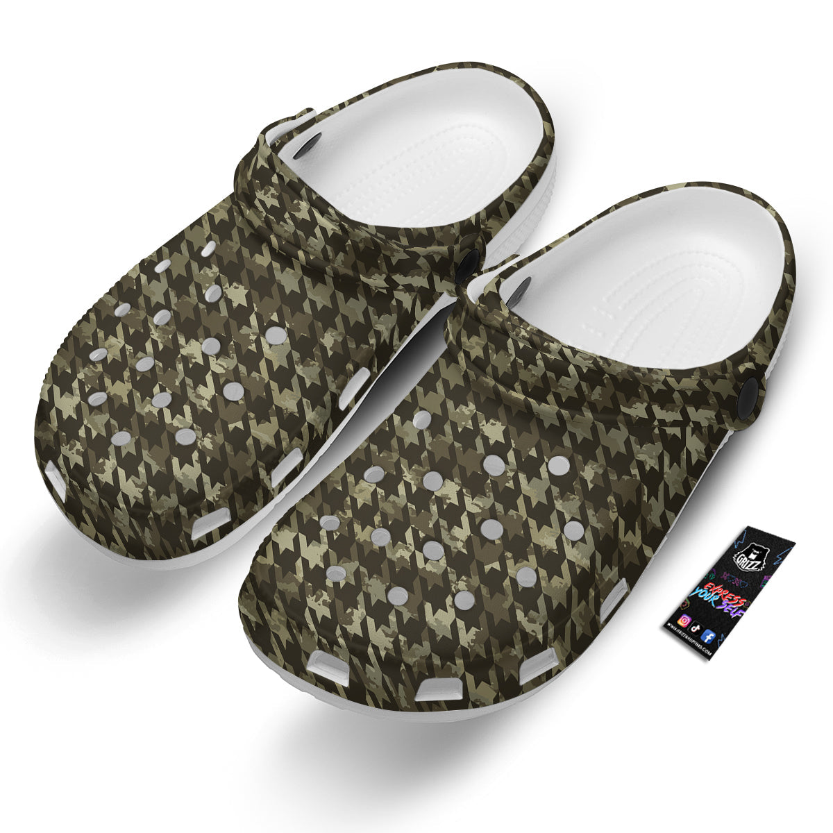 Houndstooth Camouflage Green Print Pattern Clog-grizzshop