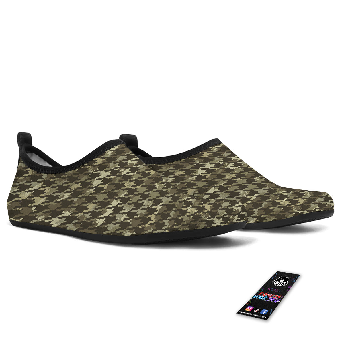 Houndstooth Camouflage Green Print Pattern Water Shoes-grizzshop