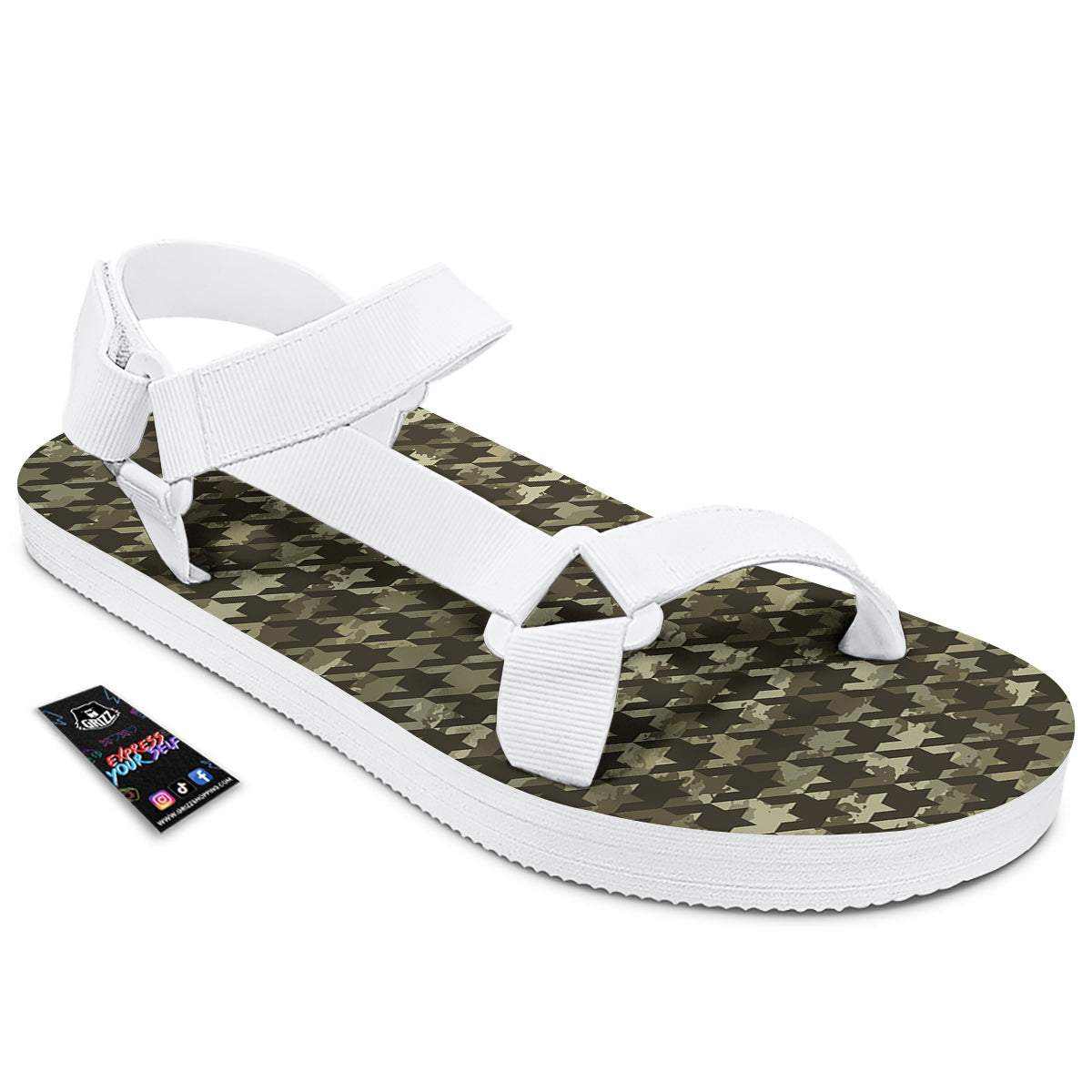 Houndstooth Camouflage Green Print Pattern White Open Toe Sandals-grizzshop
