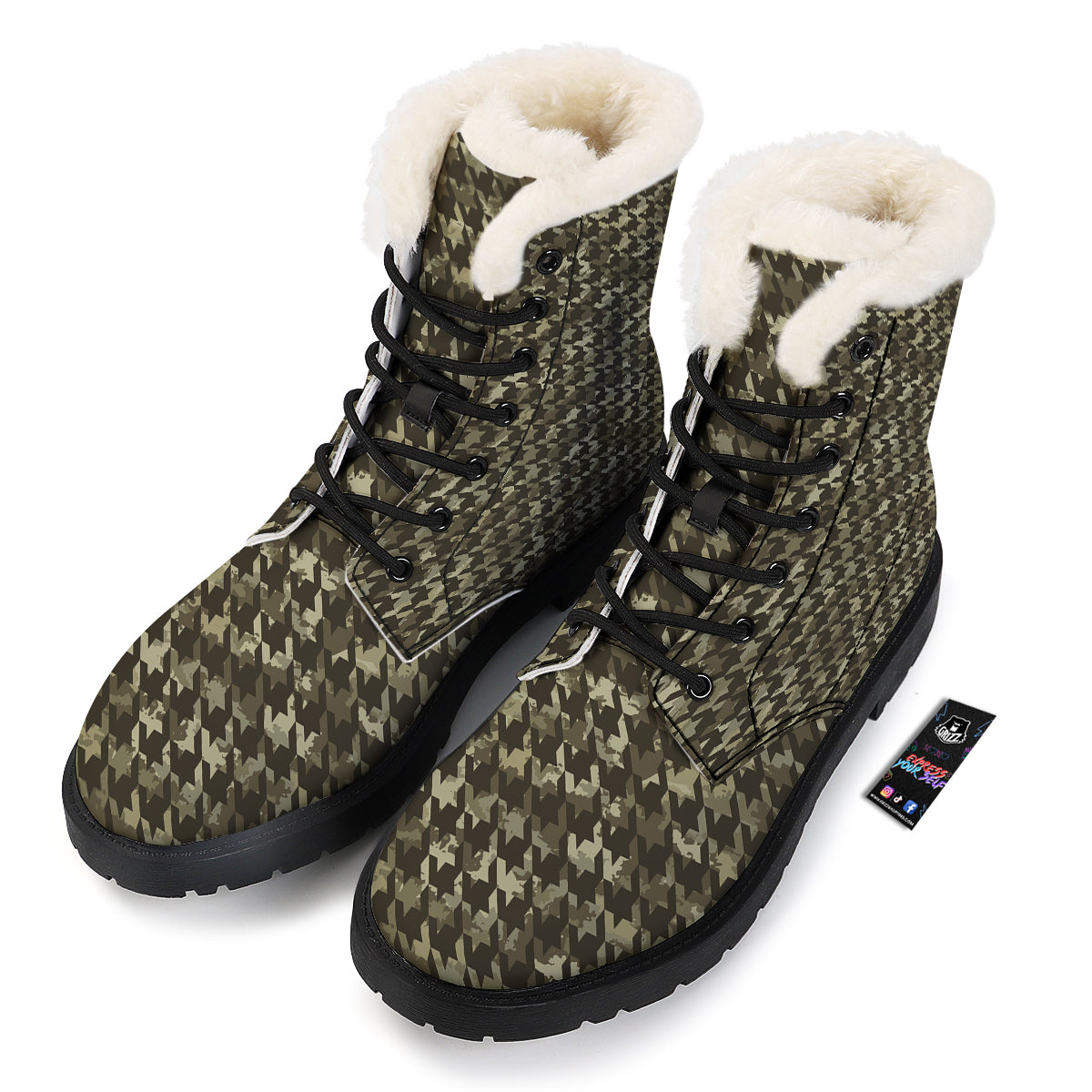Houndstooth Camouflage Green Print Pattern Winter Boots-grizzshop
