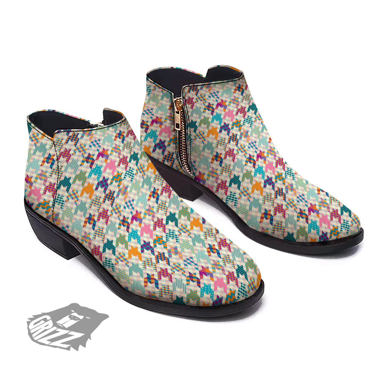 Houndstooth Colorful Plaid Print Pattern Ankle Boots-grizzshop