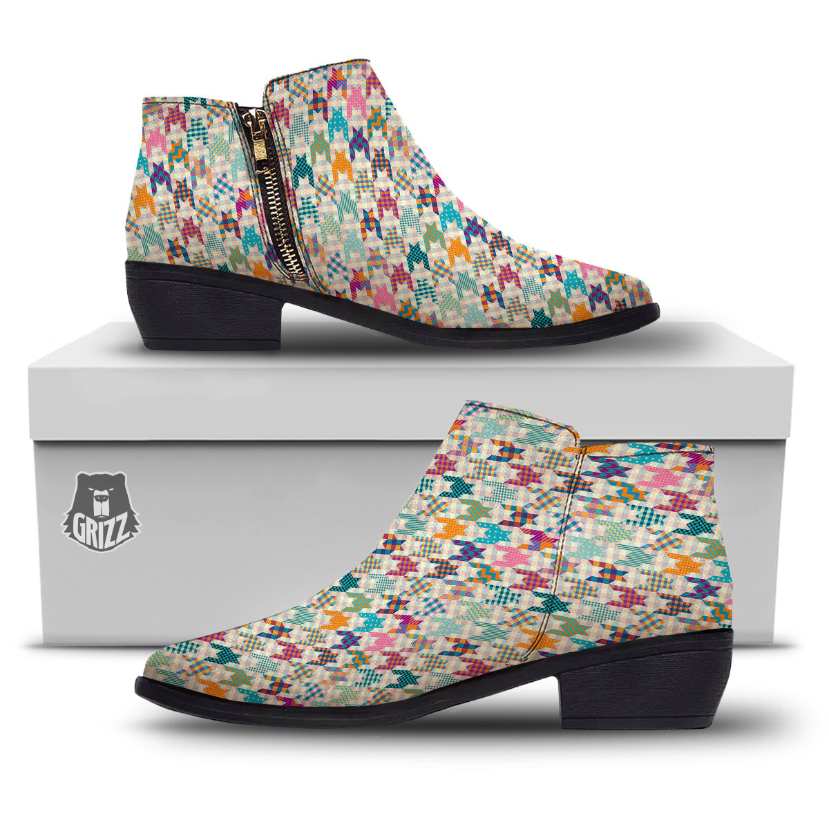 Houndstooth Colorful Plaid Print Pattern Ankle Boots-grizzshop