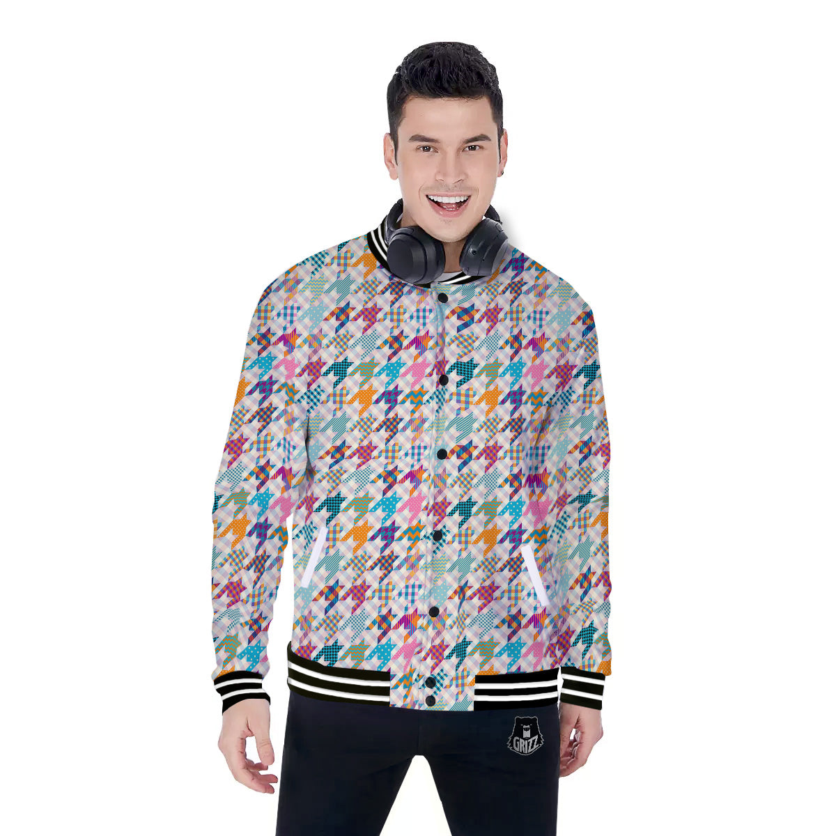 Houndstooth Colorful Plaid Print Pattern Baseball Jacket-grizzshop