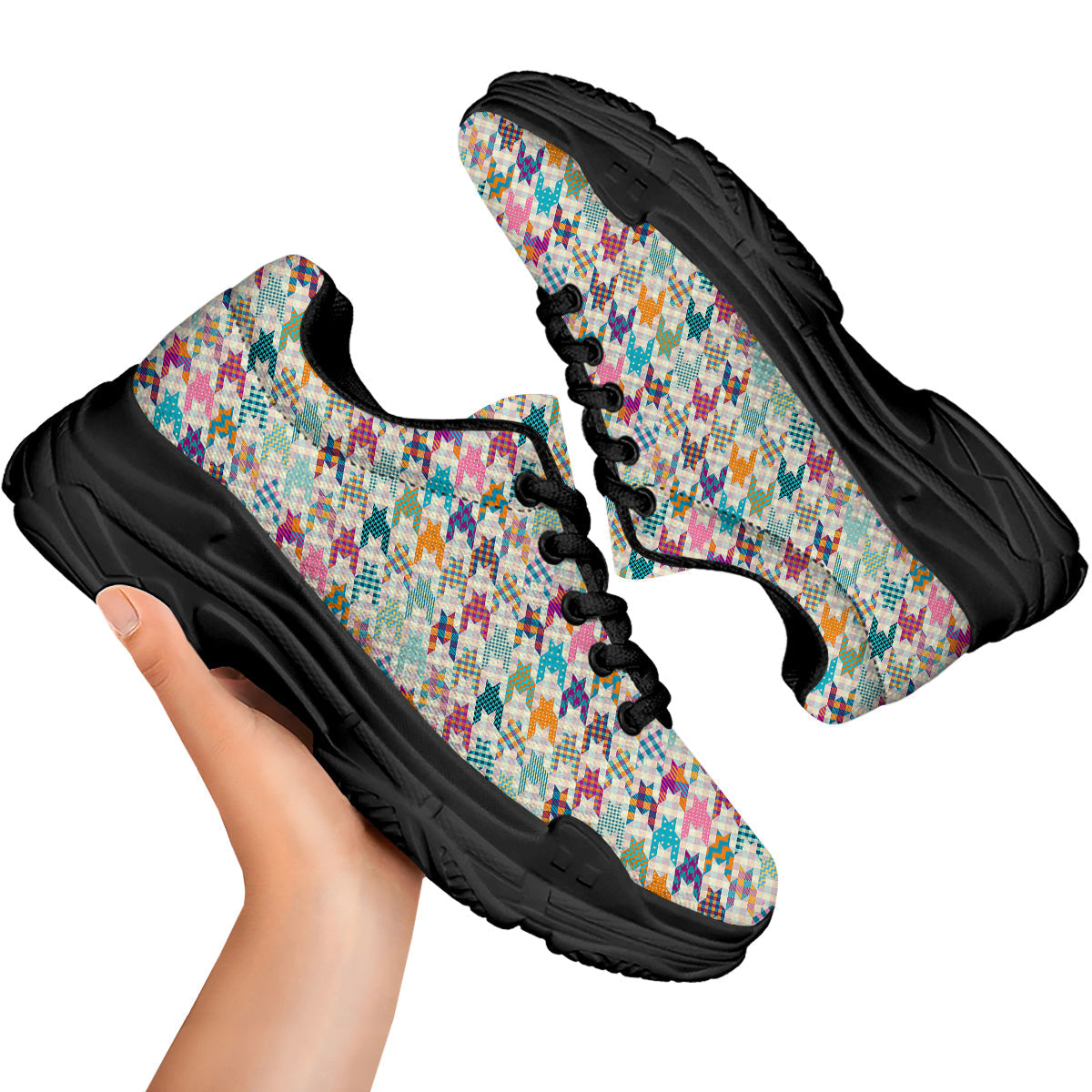 Houndstooth Colorful Plaid Print Pattern Black Chunky Shoes-grizzshop