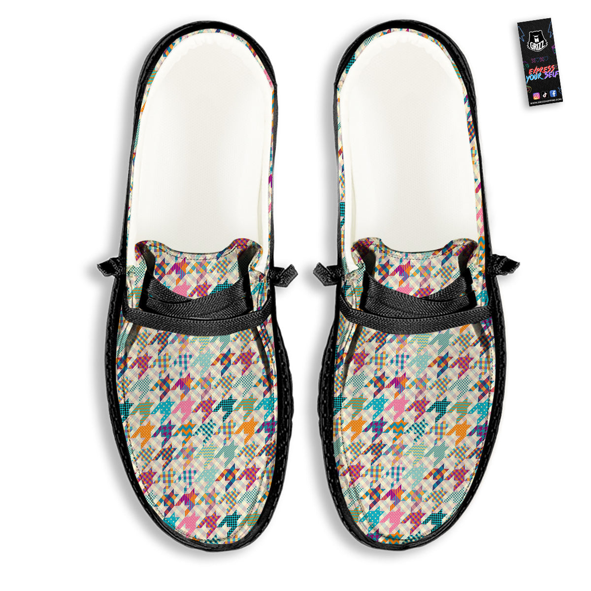 Houndstooth Colorful Plaid Print Pattern Black Loafers-grizzshop