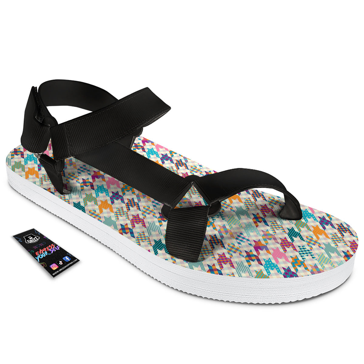 Houndstooth Colorful Plaid Print Pattern Black Open Toe Sandals-grizzshop