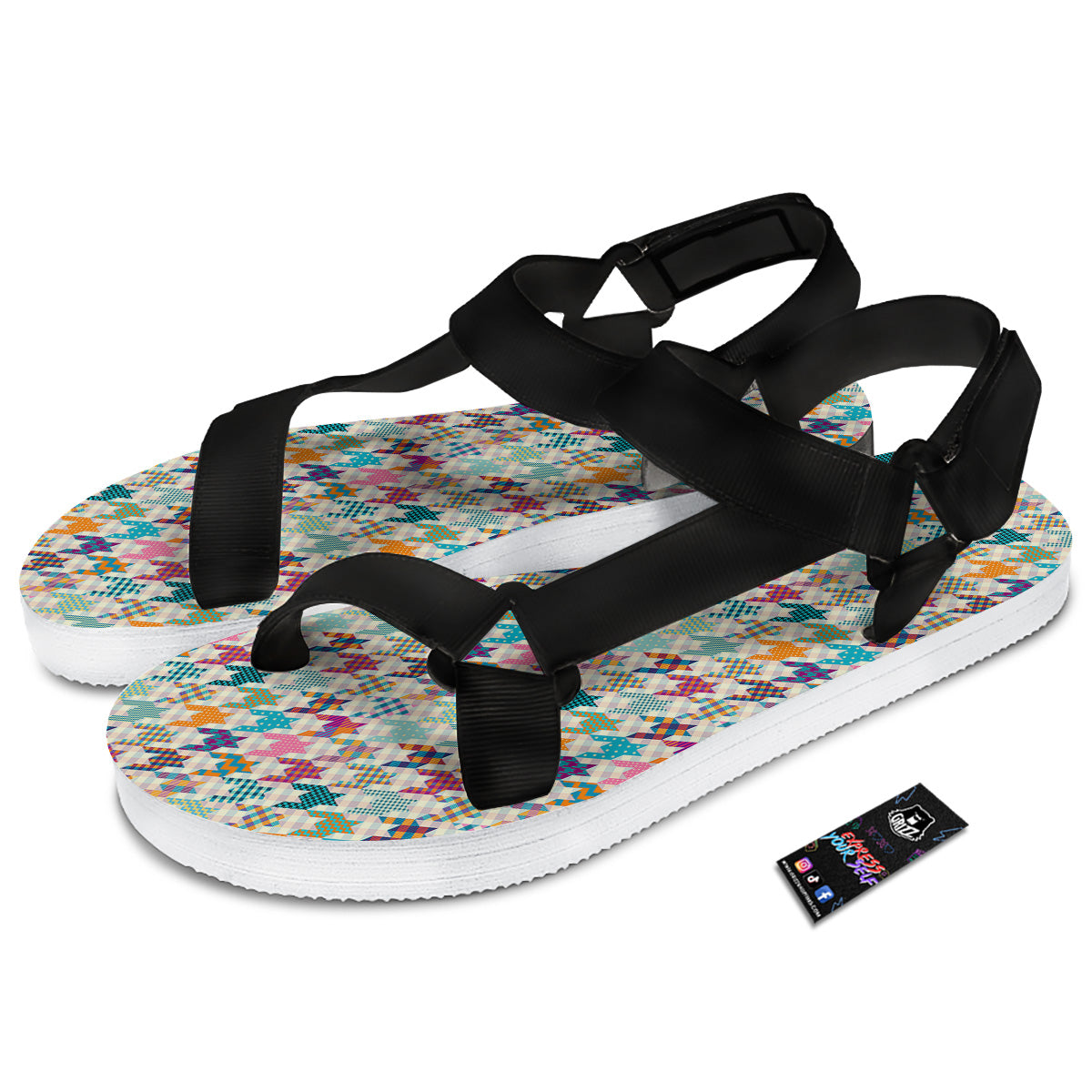 Houndstooth Colorful Plaid Print Pattern Black Open Toe Sandals-grizzshop