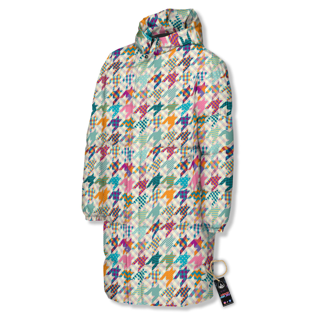 Houndstooth Colorful Plaid Print Pattern Long Down Jacket-grizzshop