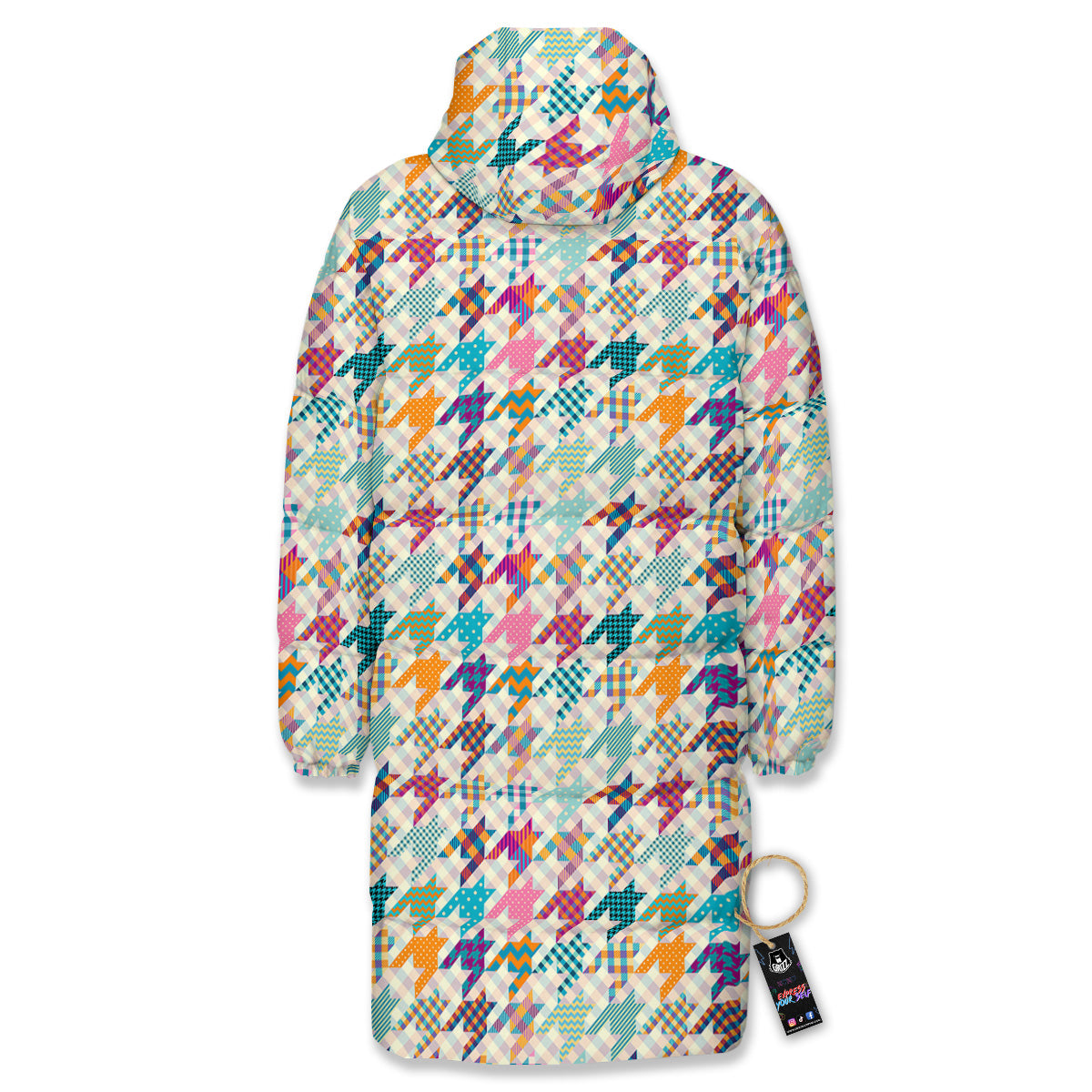 Houndstooth Colorful Plaid Print Pattern Long Down Jacket-grizzshop