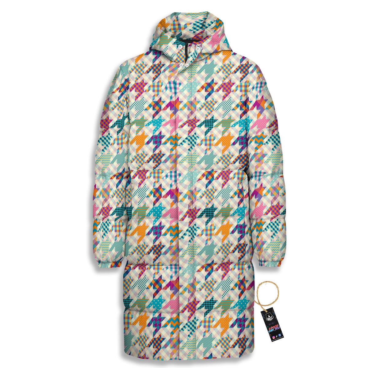 Houndstooth Colorful Plaid Print Pattern Long Down Jacket-grizzshop