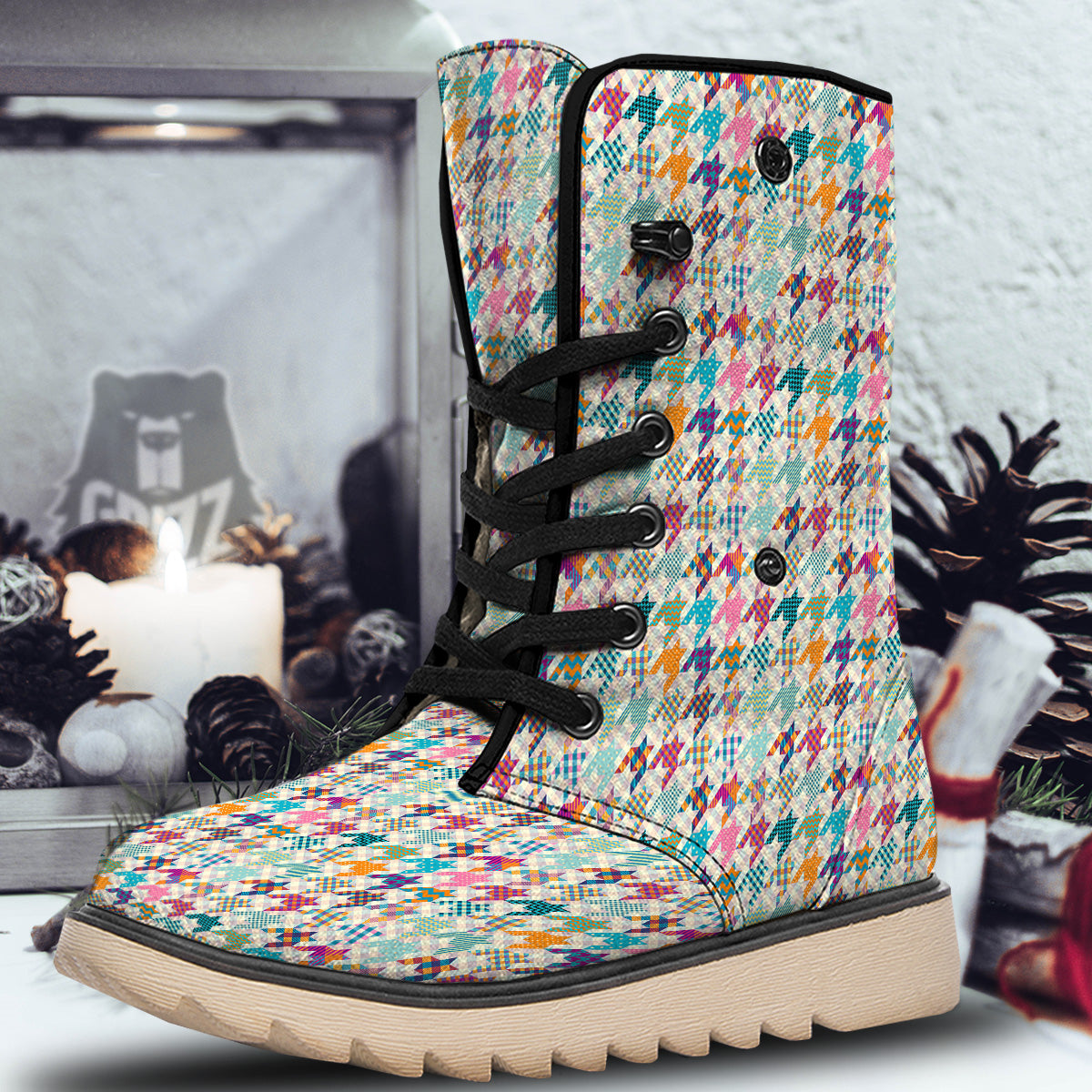 Houndstooth Colorful Plaid Print Pattern Snow Boots-grizzshop