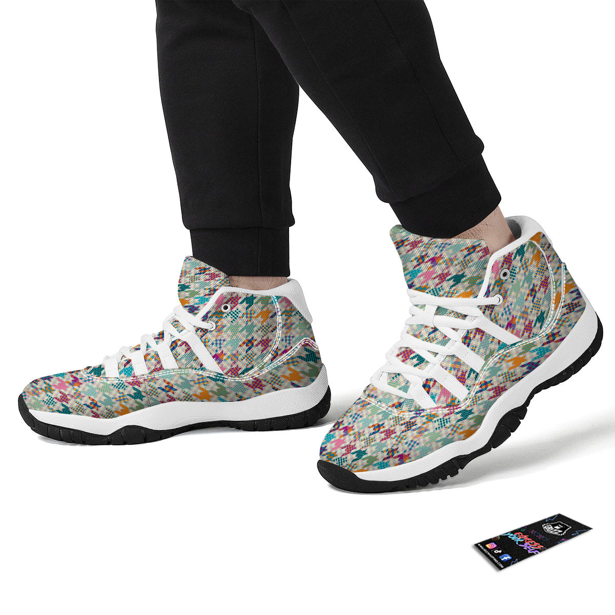 Houndstooth Colorful Plaid Print Pattern White Bball Shoes-grizzshop