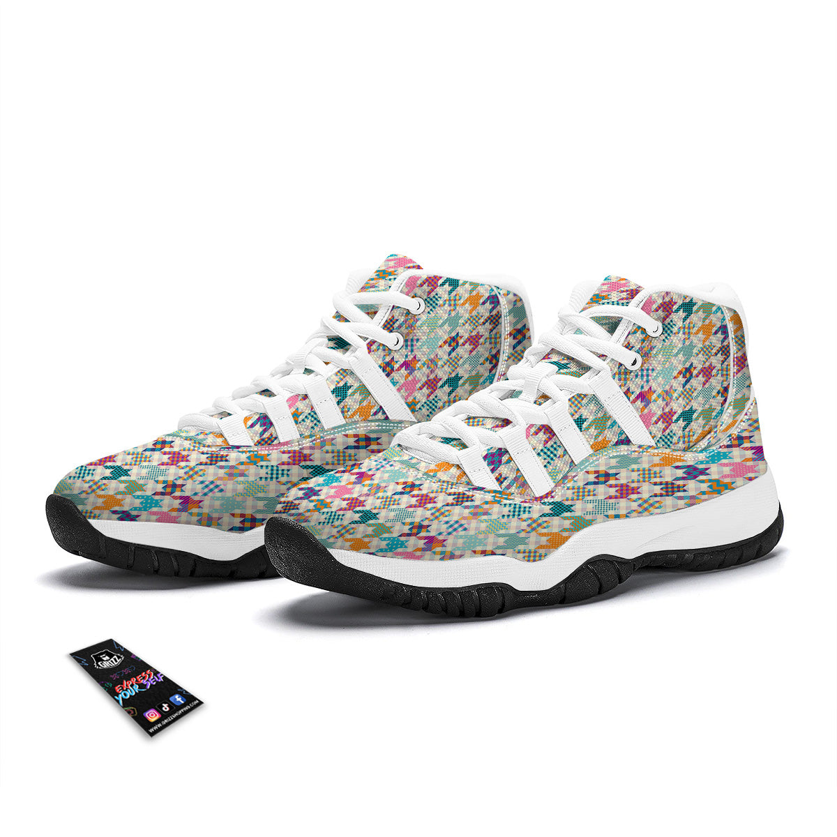 Houndstooth Colorful Plaid Print Pattern White Bball Shoes-grizzshop