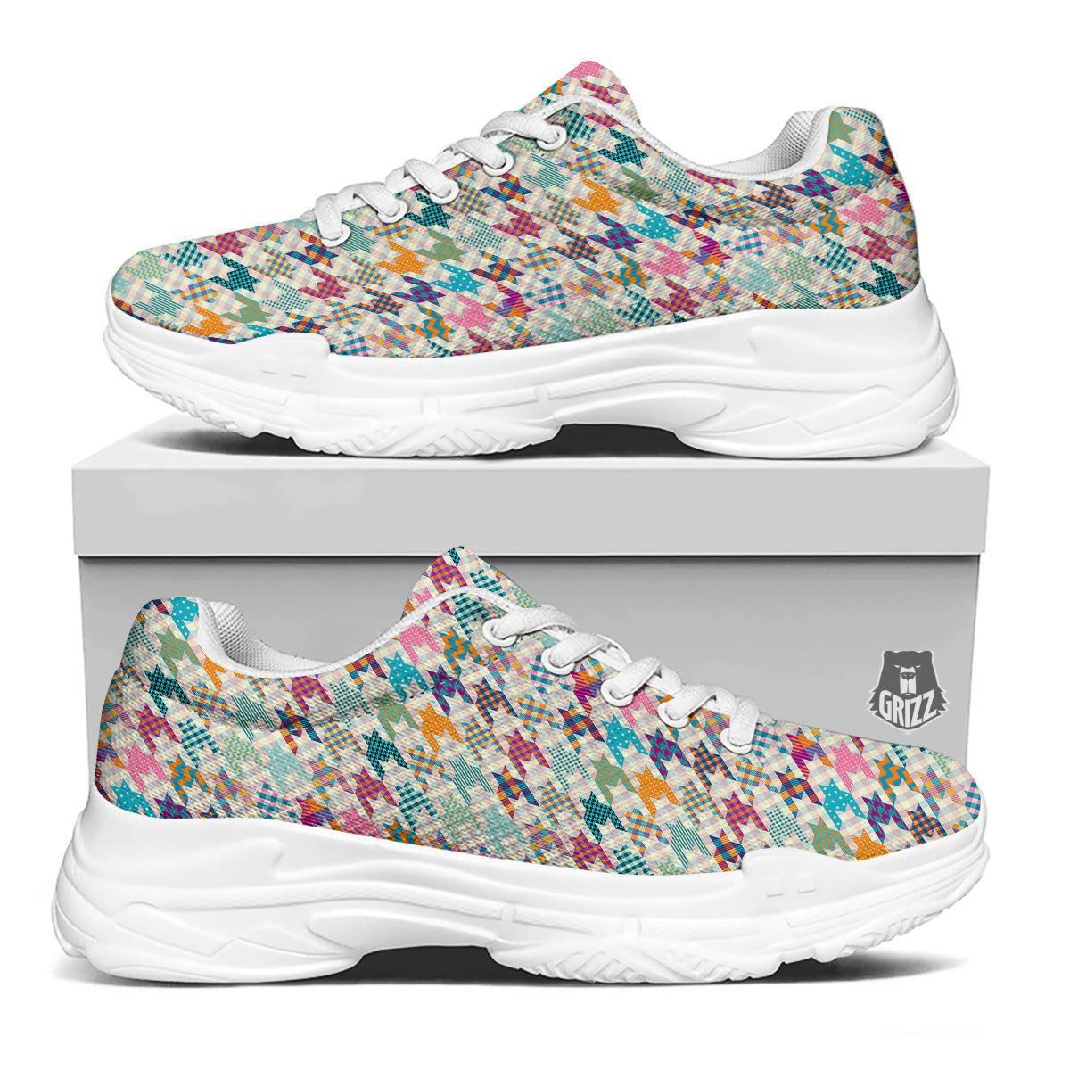 Houndstooth Colorful Plaid Print Pattern White Chunky Shoes-grizzshop