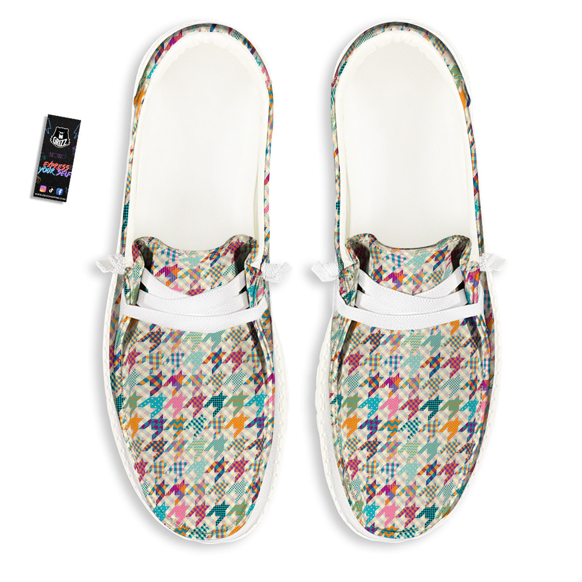 Houndstooth Colorful Plaid Print Pattern White Loafers-grizzshop