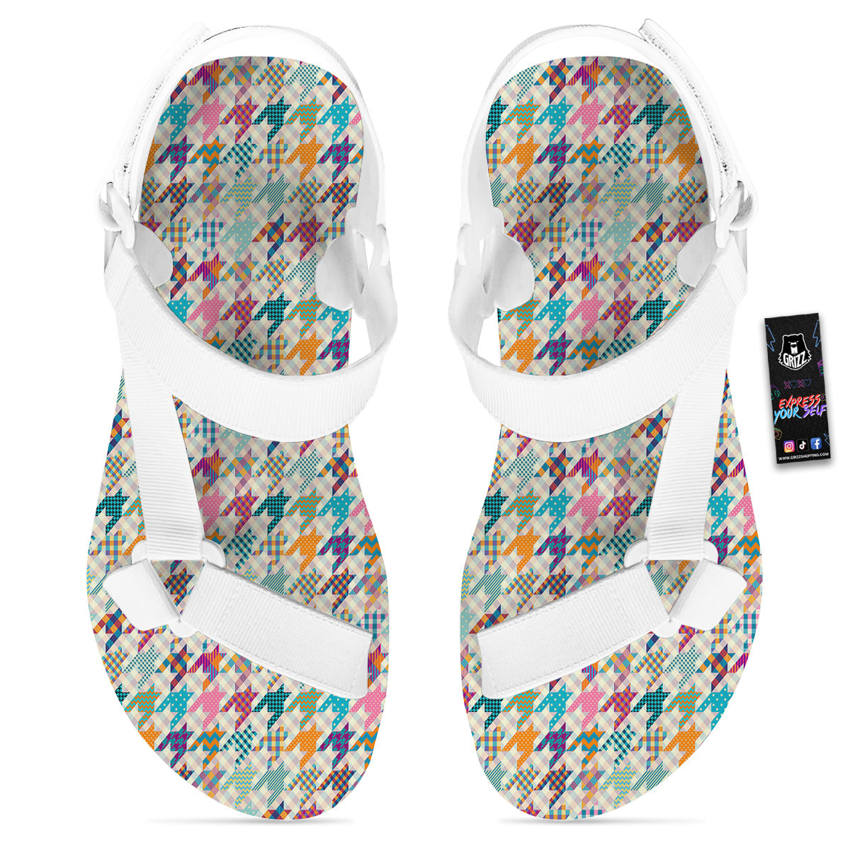 Houndstooth Colorful Plaid Print Pattern White Open Toe Sandals-grizzshop