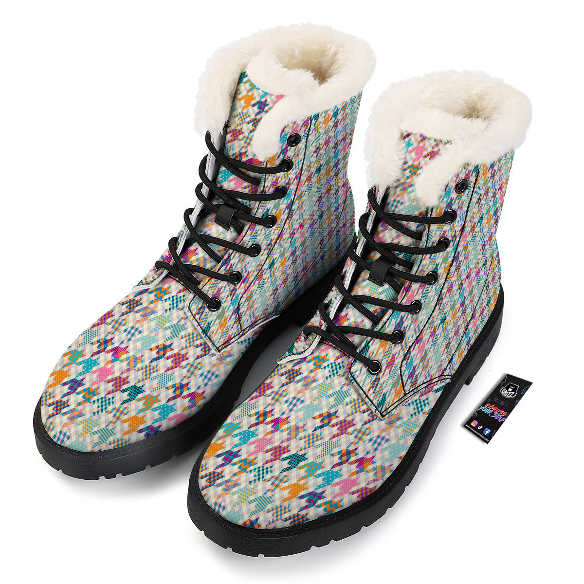 Houndstooth Colorful Plaid Print Pattern Winter Boots-grizzshop