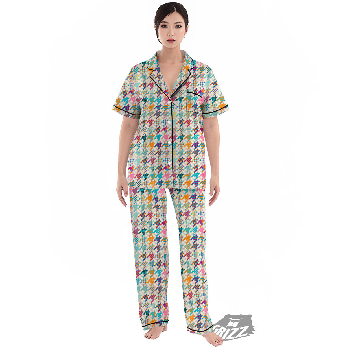 Houndstooth Colorful Plaid Print Pattern Women's Pajamas Set-grizzshop