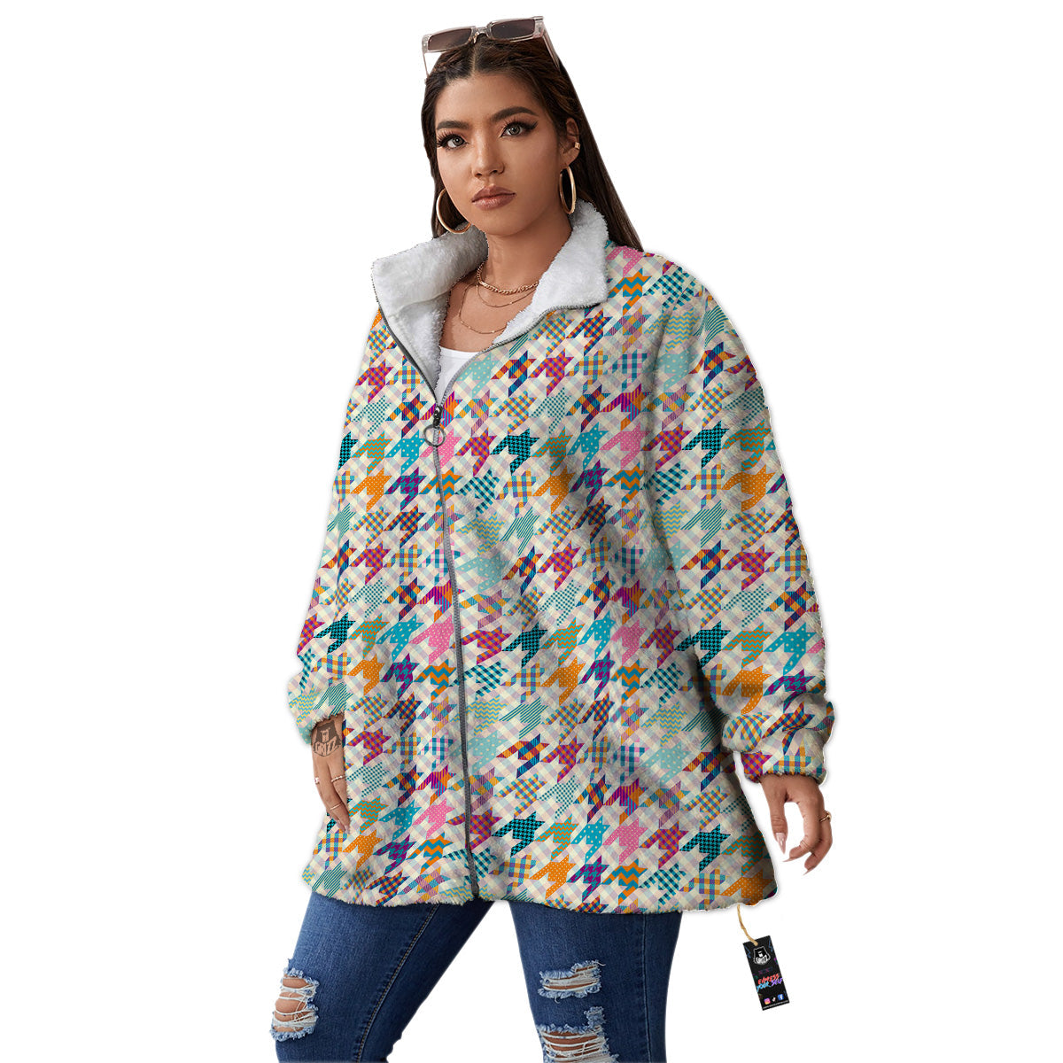 Houndstooth Colorful Plaid Print Pattern Women's Sherpa Jacket-grizzshop