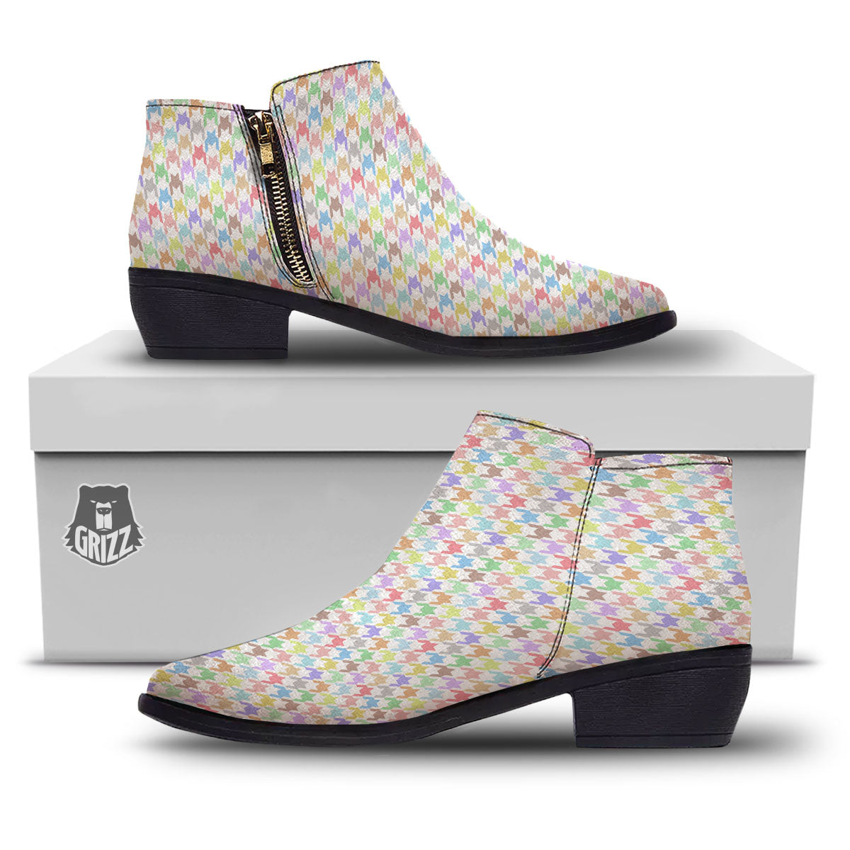Houndstooth Colorful Print Ankle Boots-grizzshop