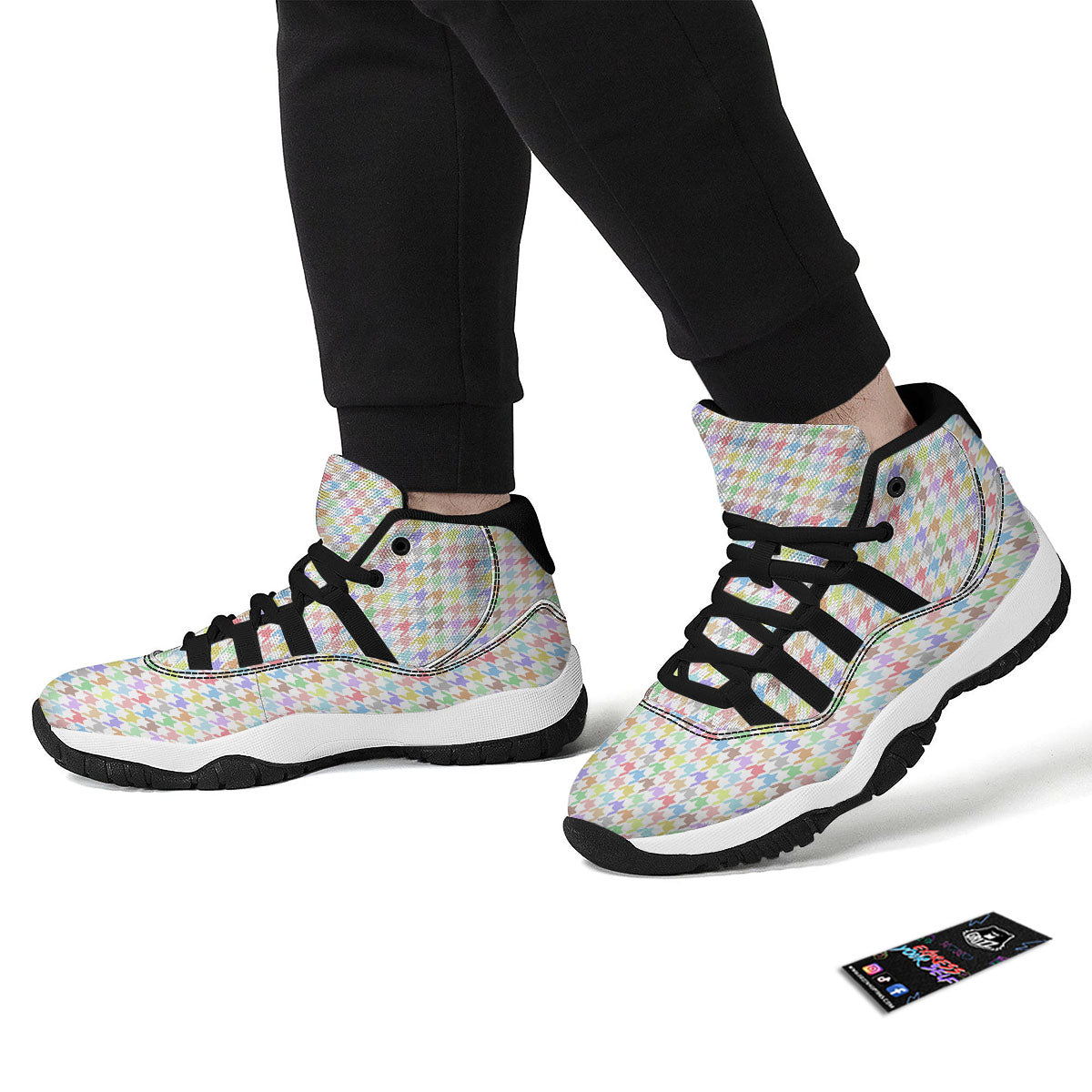 Houndstooth Colorful Print Black Bball Shoes-grizzshop