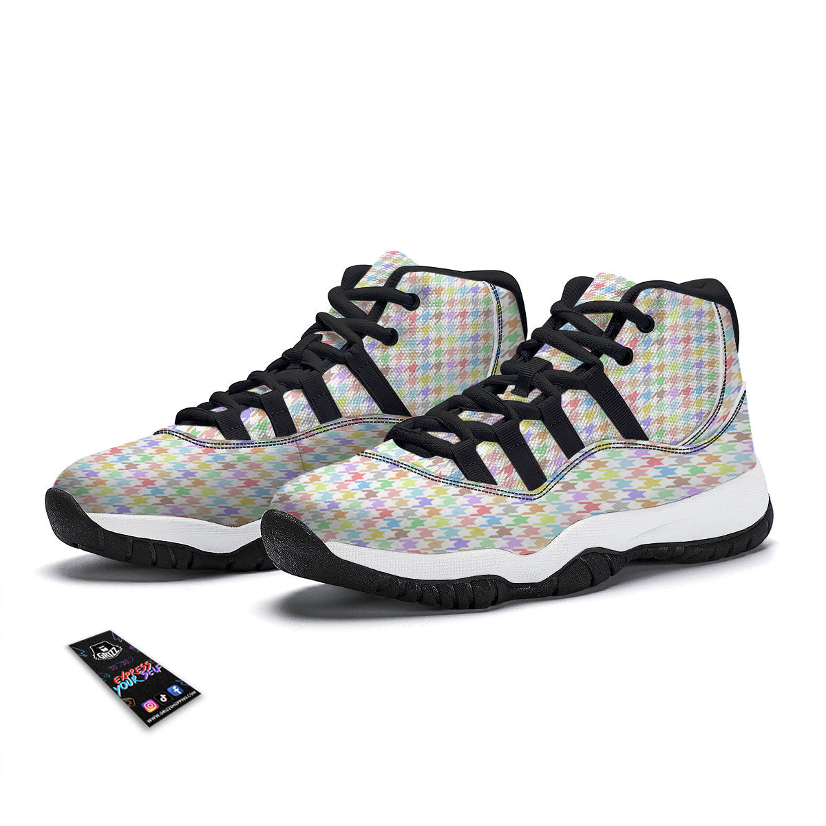 Houndstooth Colorful Print Black Bball Shoes-grizzshop