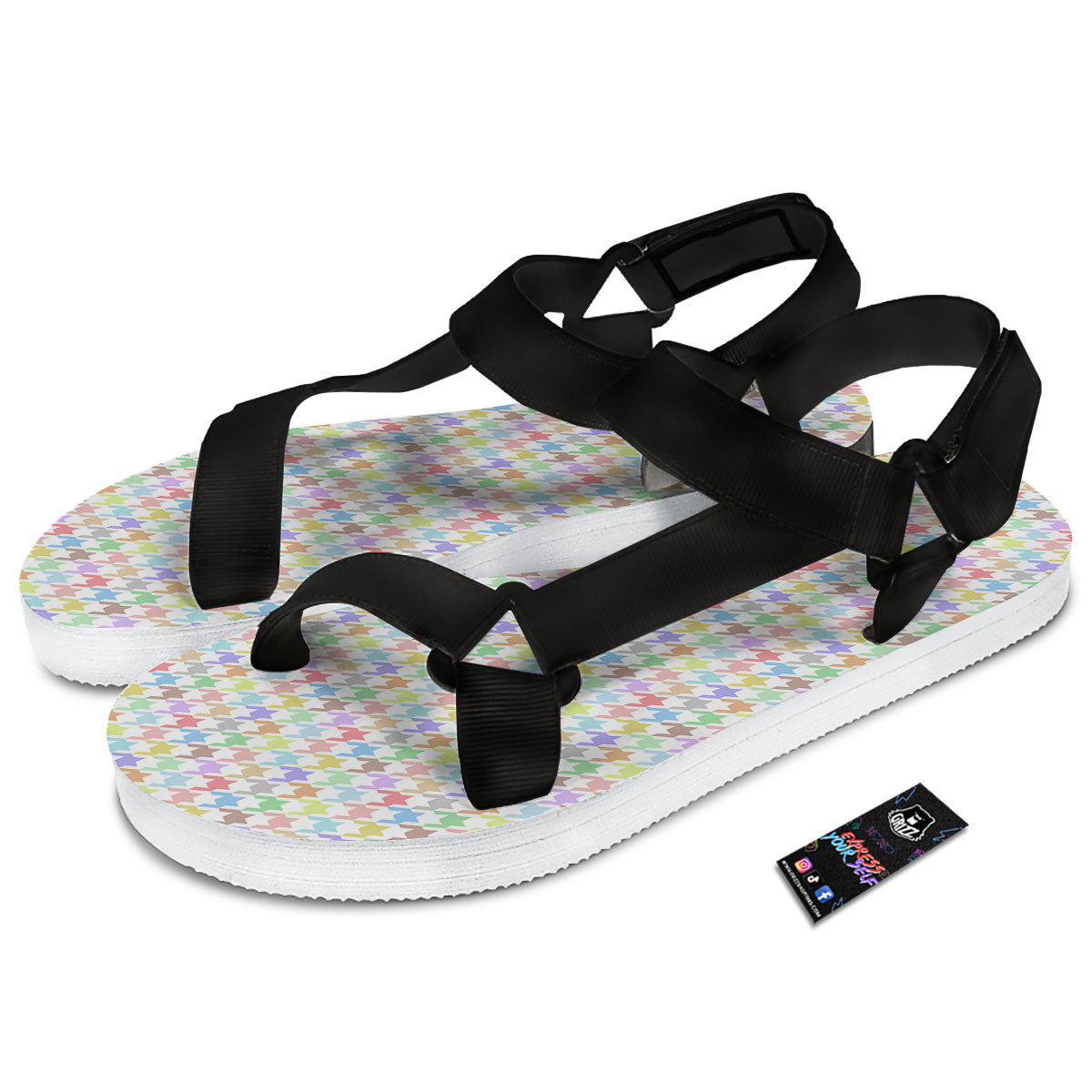 Houndstooth Colorful Print Black Open Toe Sandals-grizzshop