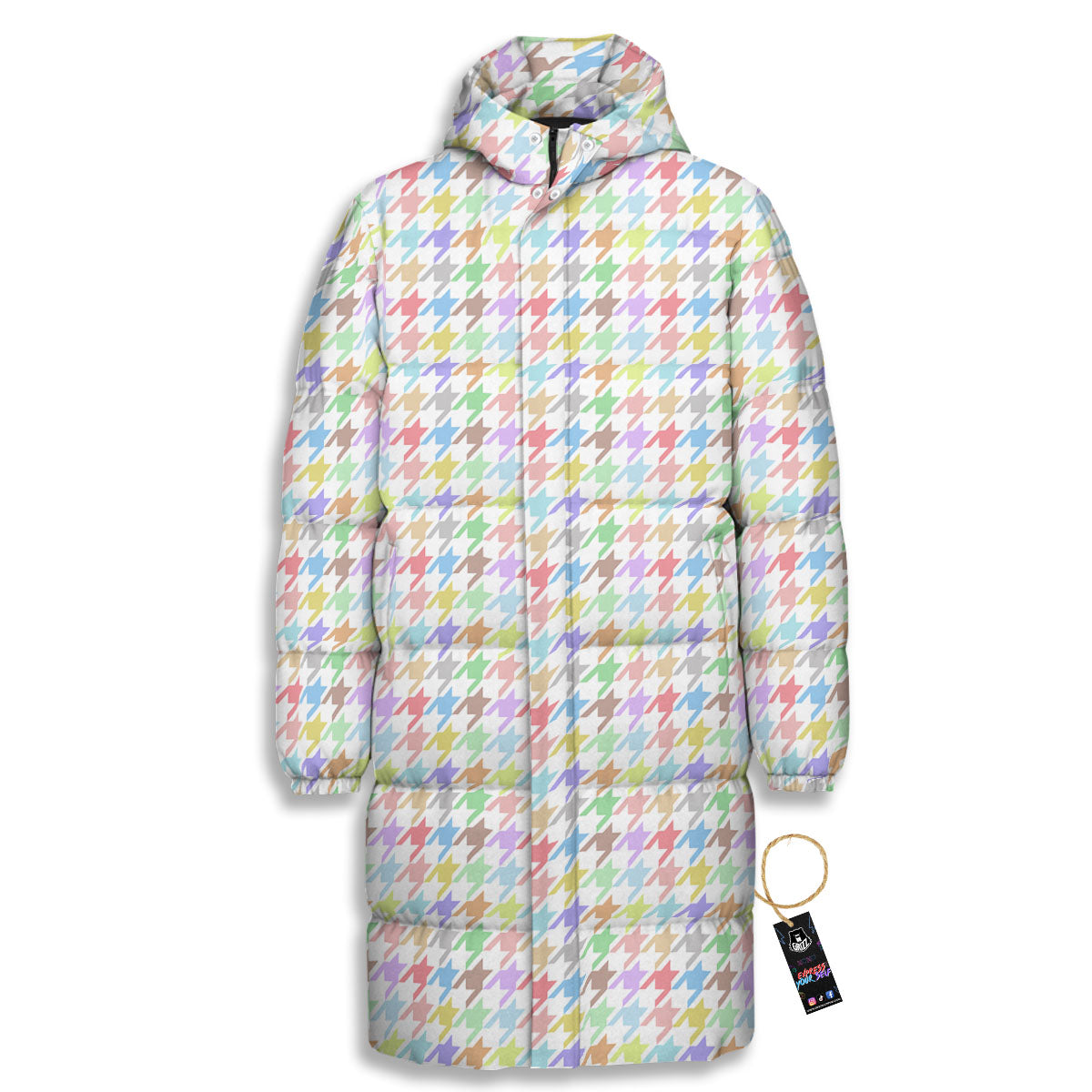 Houndstooth Colorful Print Long Down Jacket-grizzshop