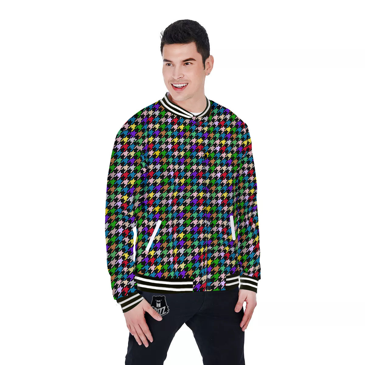 Houndstooth Colorful Print Pattern Baseball Jacket-grizzshop