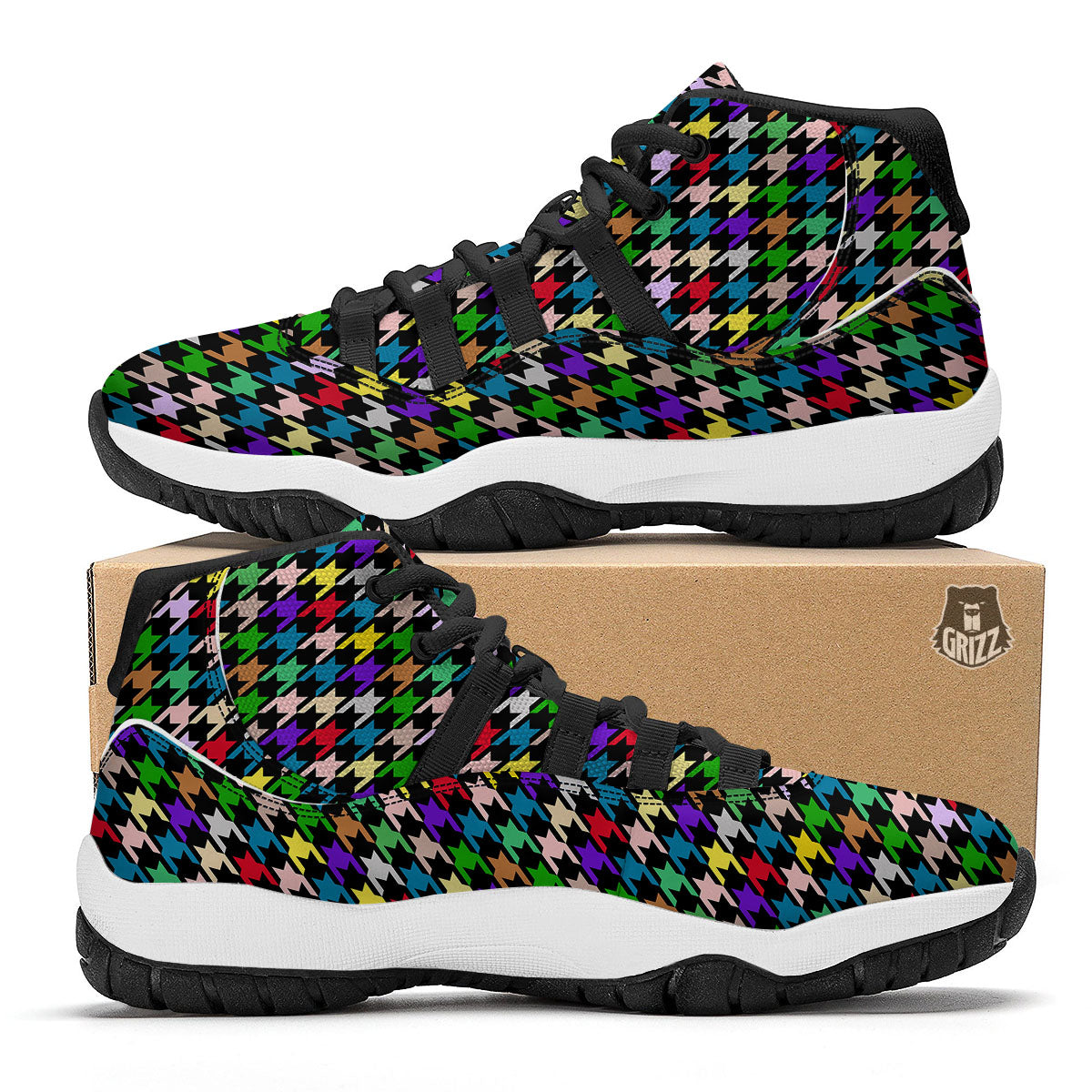 Houndstooth Colorful Print Pattern Black Bball Shoes-grizzshop