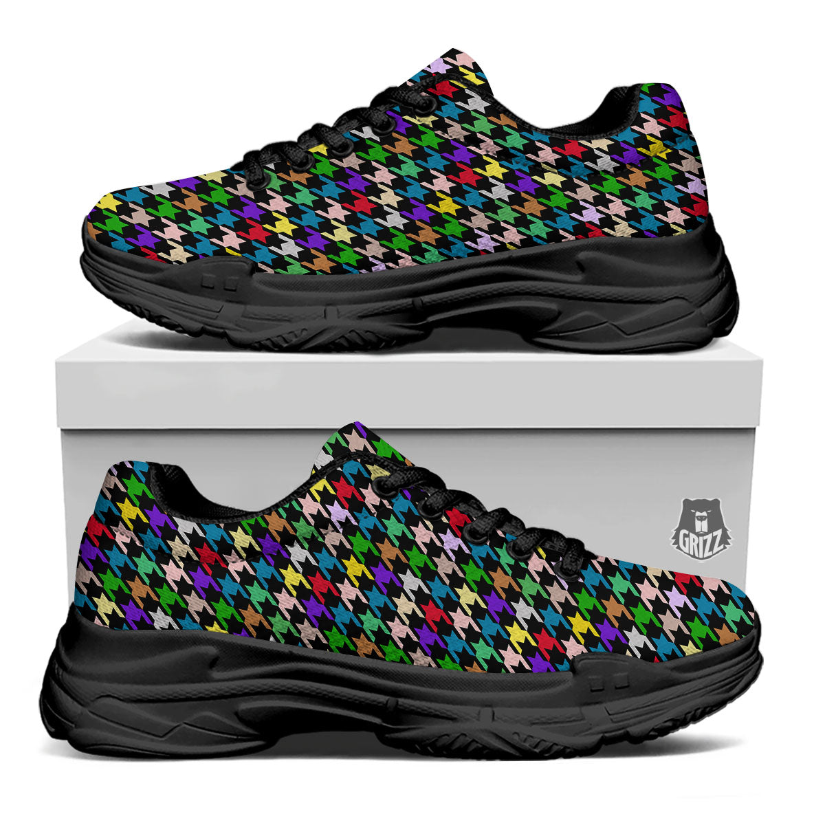Houndstooth Colorful Print Pattern Black Chunky Shoes-grizzshop