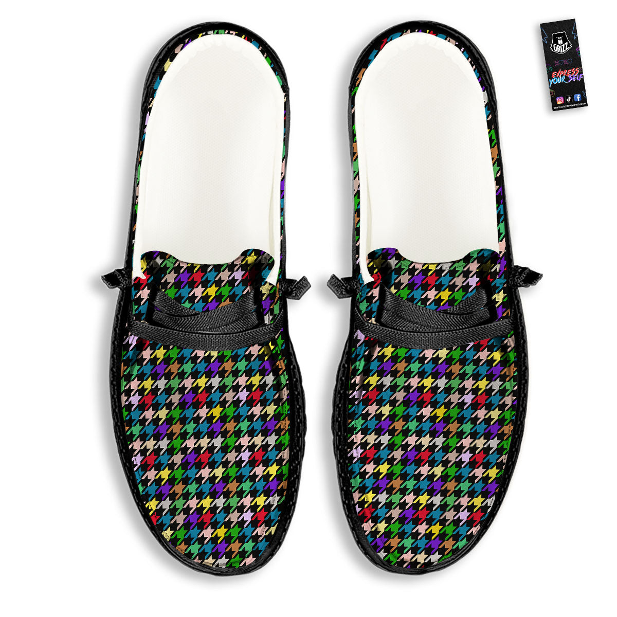 Houndstooth Colorful Print Pattern Black Loafers-grizzshop