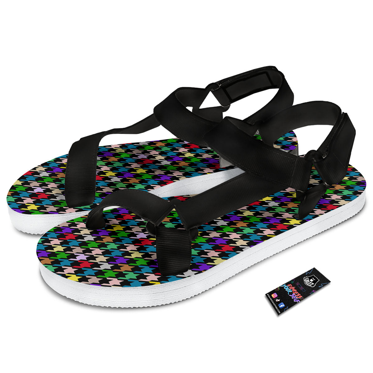 Houndstooth Colorful Print Pattern Black Open Toe Sandals-grizzshop