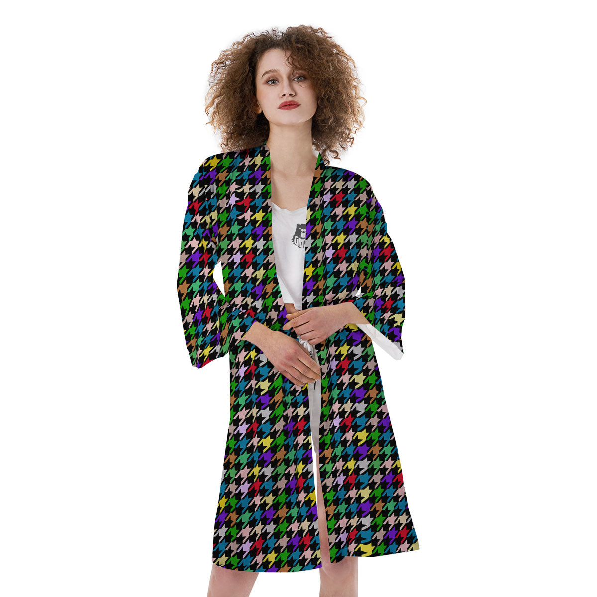 Houndstooth Colorful Print Pattern Kimono-grizzshop
