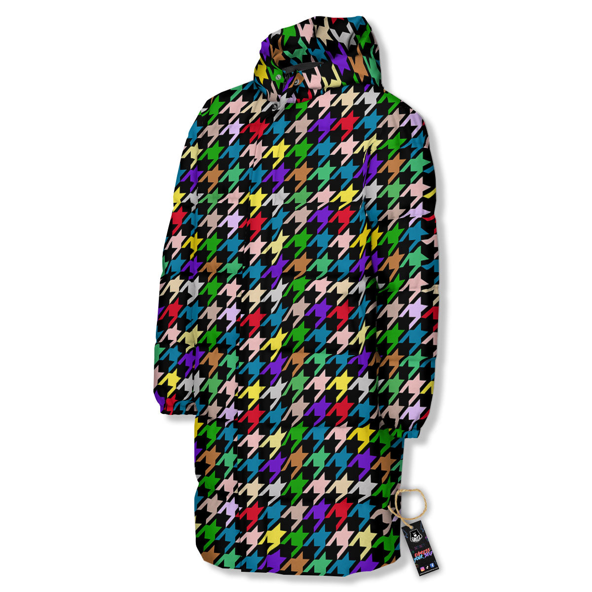 Houndstooth Colorful Print Pattern Long Down Jacket-grizzshop