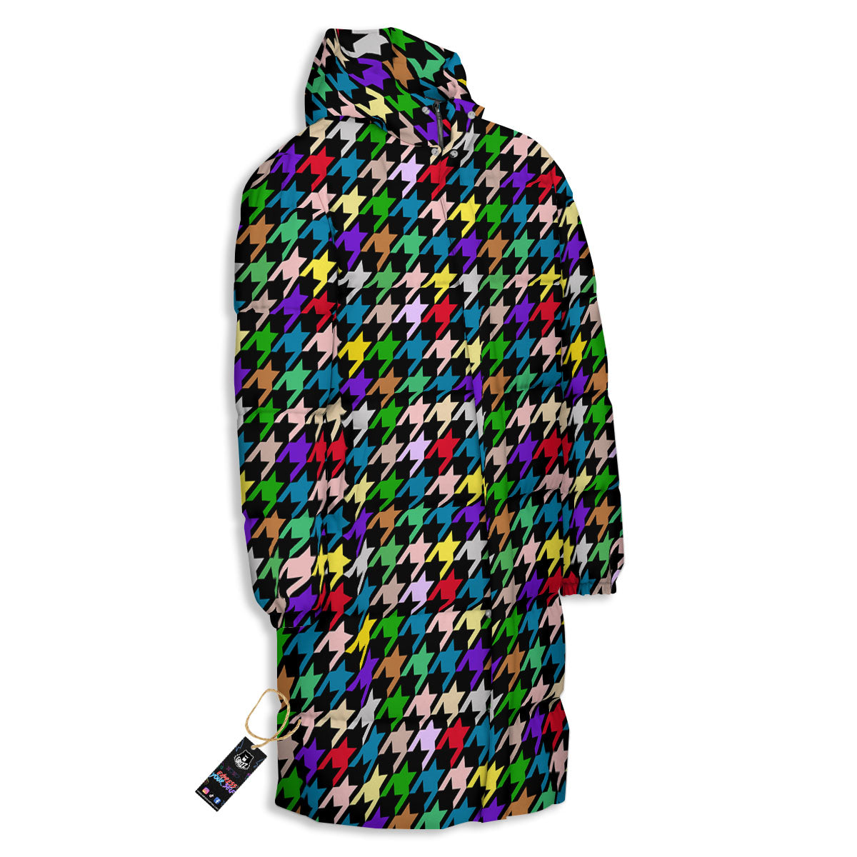 Houndstooth Colorful Print Pattern Long Down Jacket-grizzshop