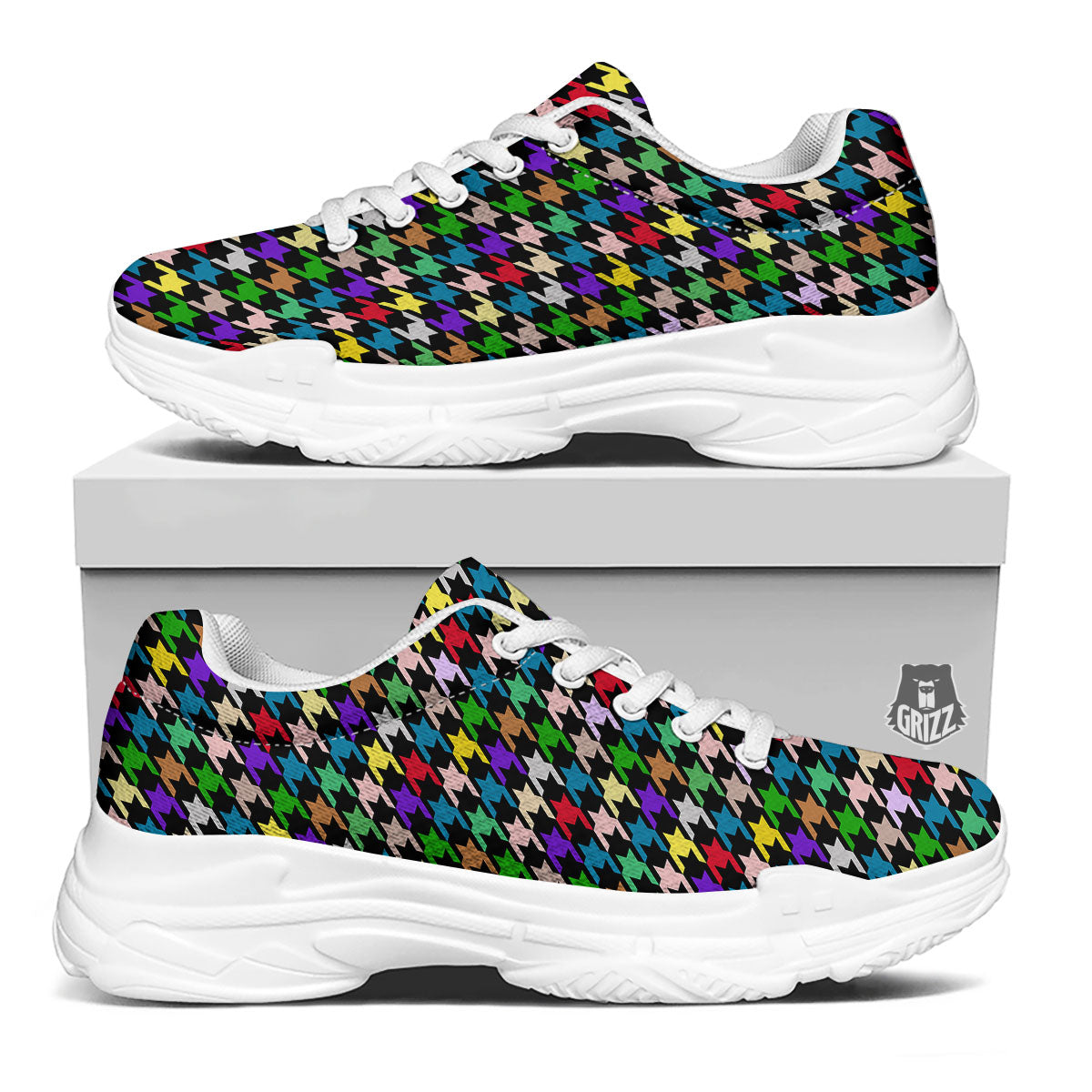 Houndstooth Colorful Print Pattern White Chunky Shoes-grizzshop