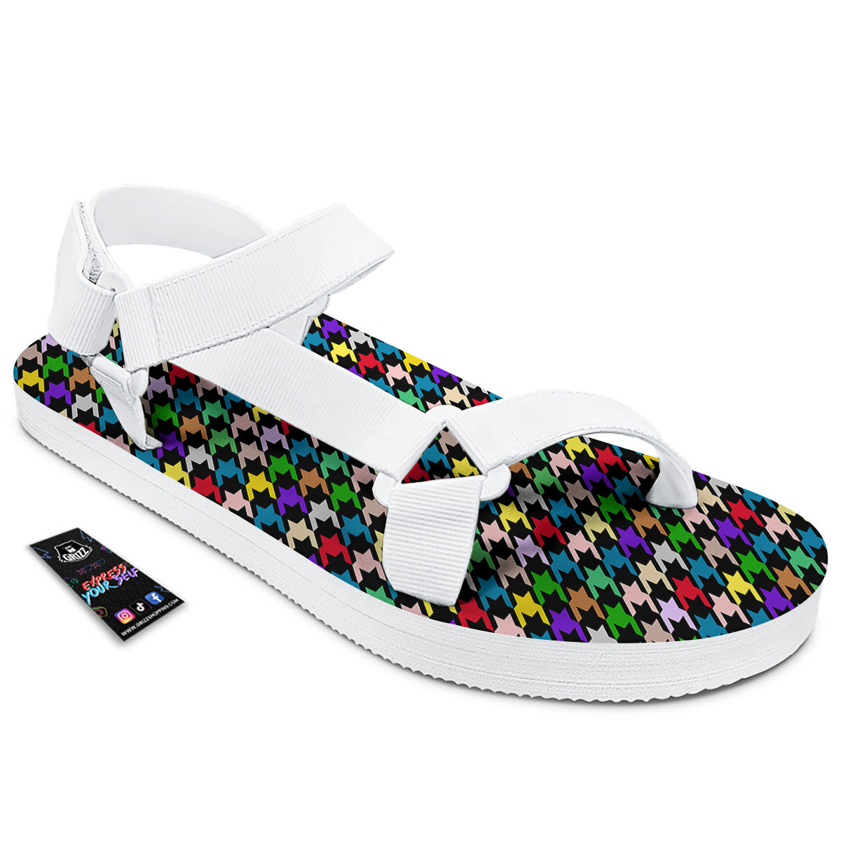 Houndstooth Colorful Print Pattern White Open Toe Sandals-grizzshop