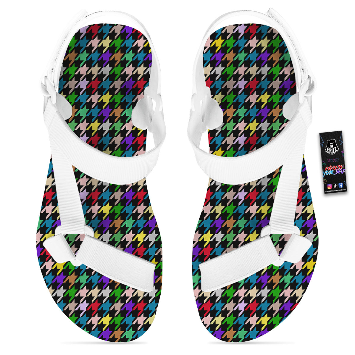 Houndstooth Colorful Print Pattern White Open Toe Sandals-grizzshop