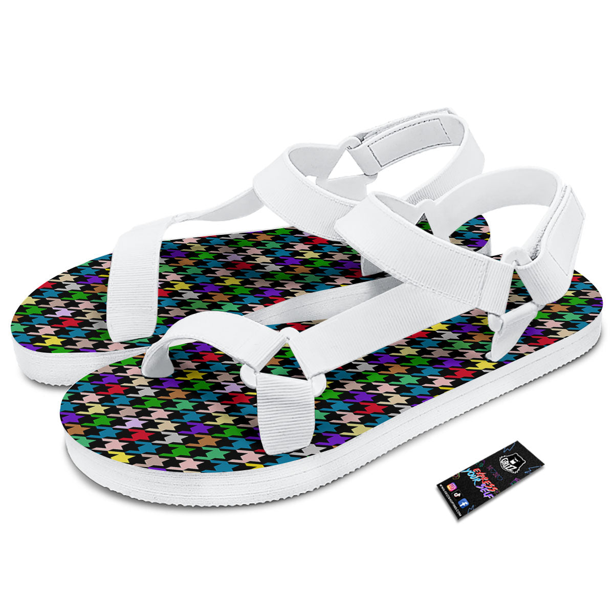 Houndstooth Colorful Print Pattern White Open Toe Sandals-grizzshop
