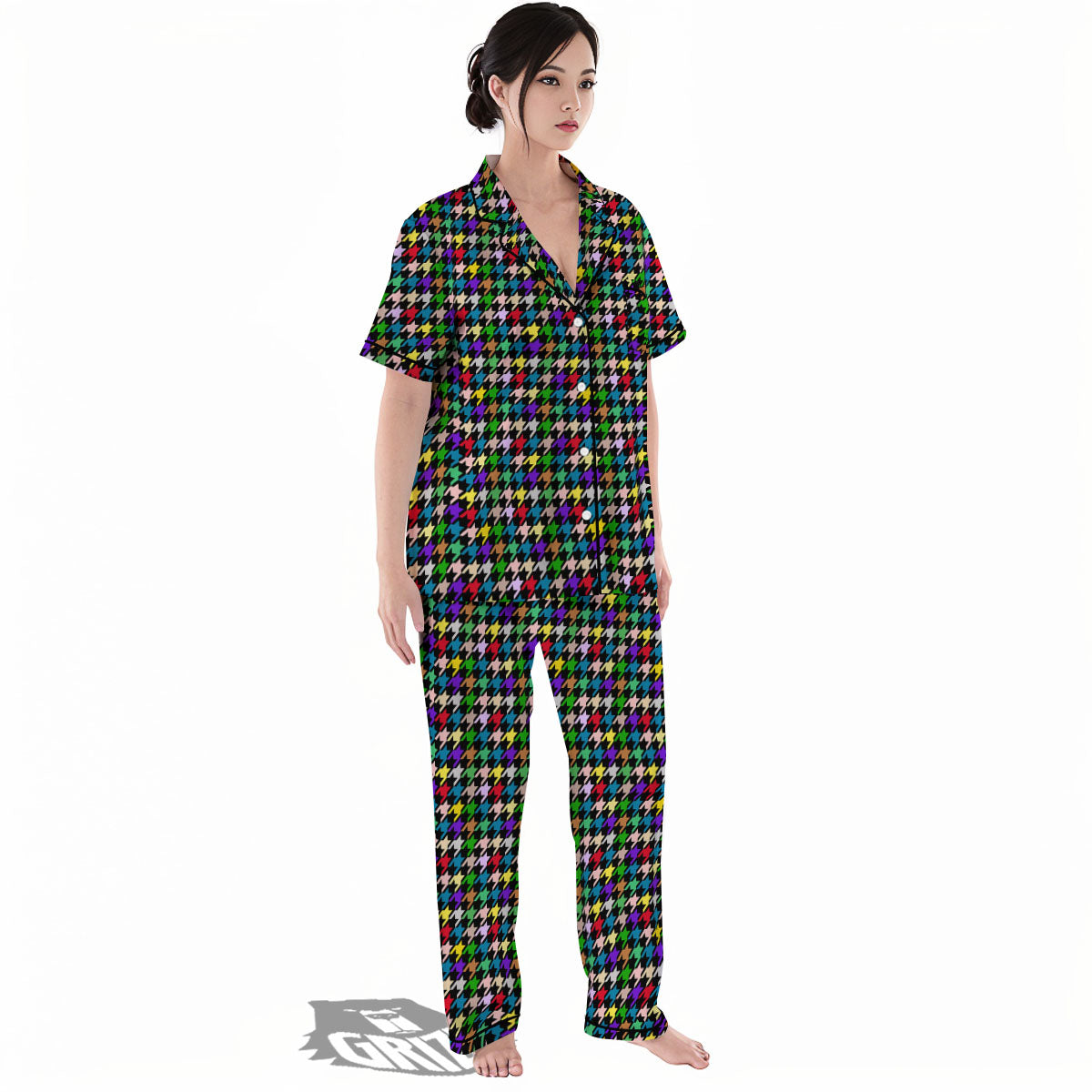 Houndstooth Colorful Print Pattern Women's Pajamas Set-grizzshop