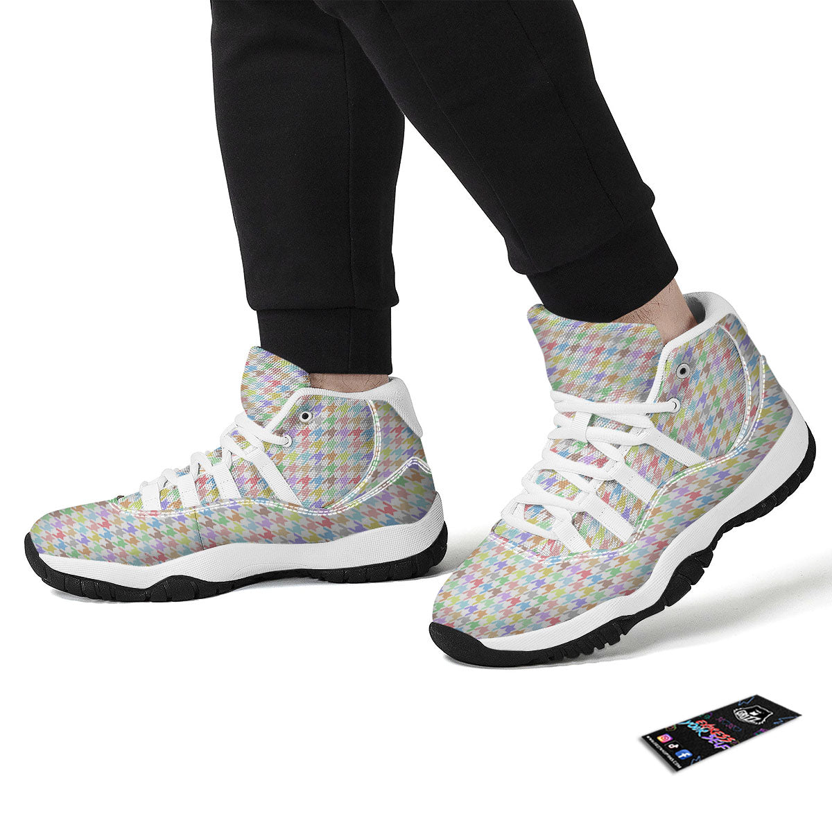 Houndstooth Colorful Print White Bball Shoes-grizzshop