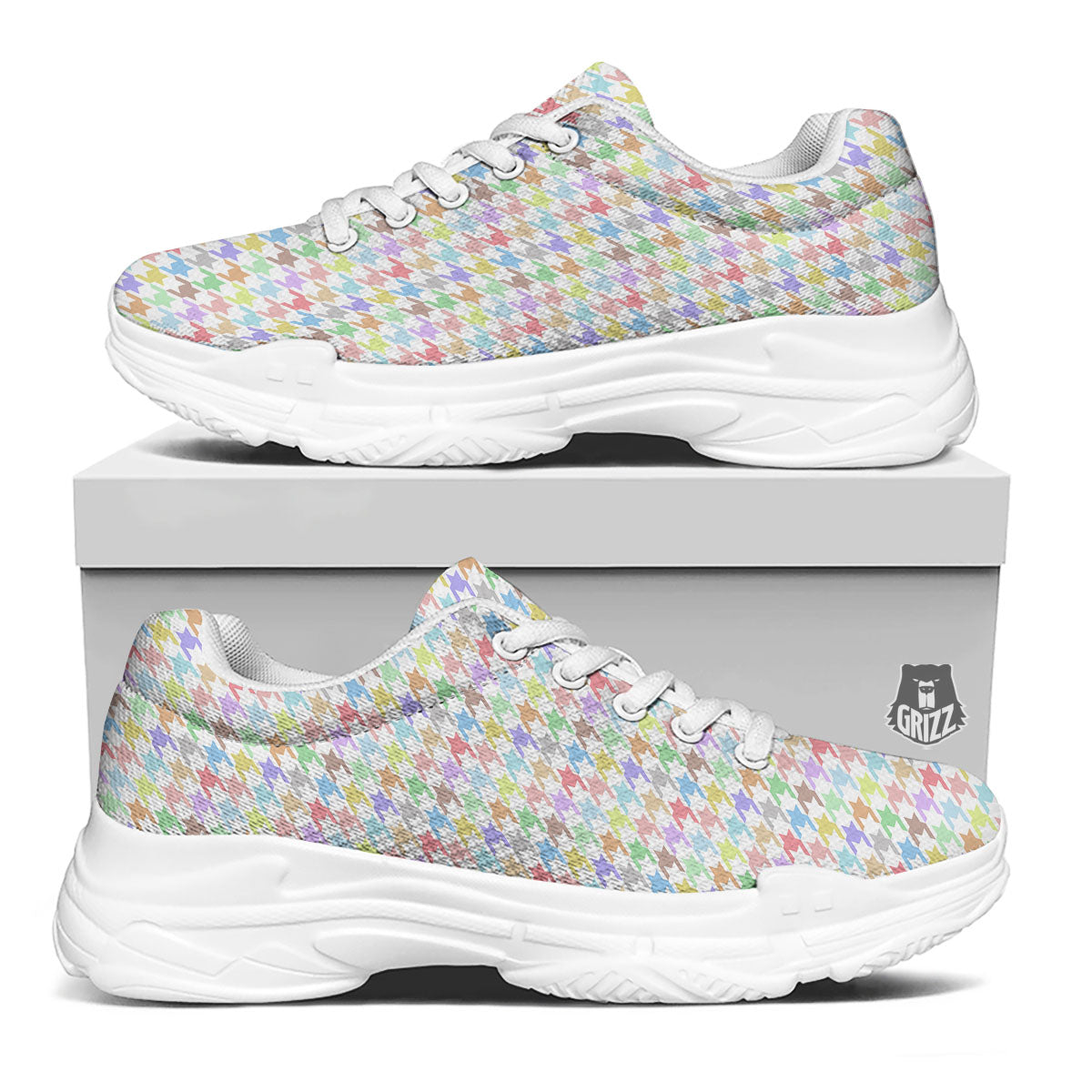 Houndstooth Colorful Print White Chunky Shoes-grizzshop