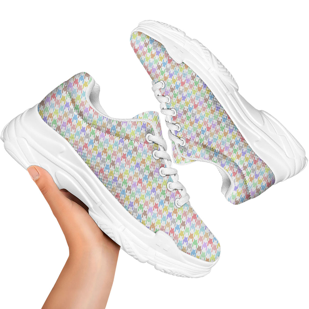 Houndstooth Colorful Print White Chunky Shoes-grizzshop