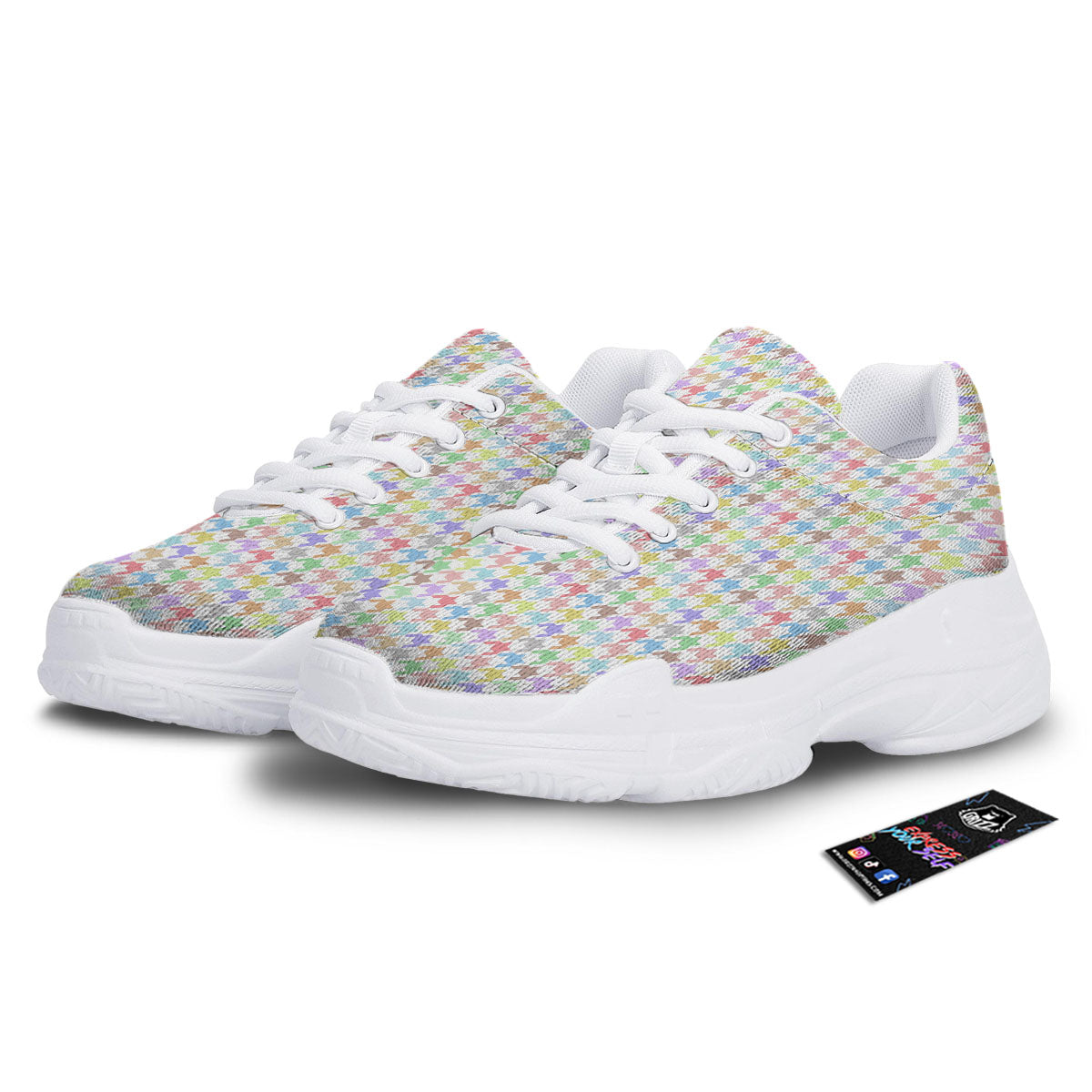 Houndstooth Colorful Print White Chunky Shoes-grizzshop