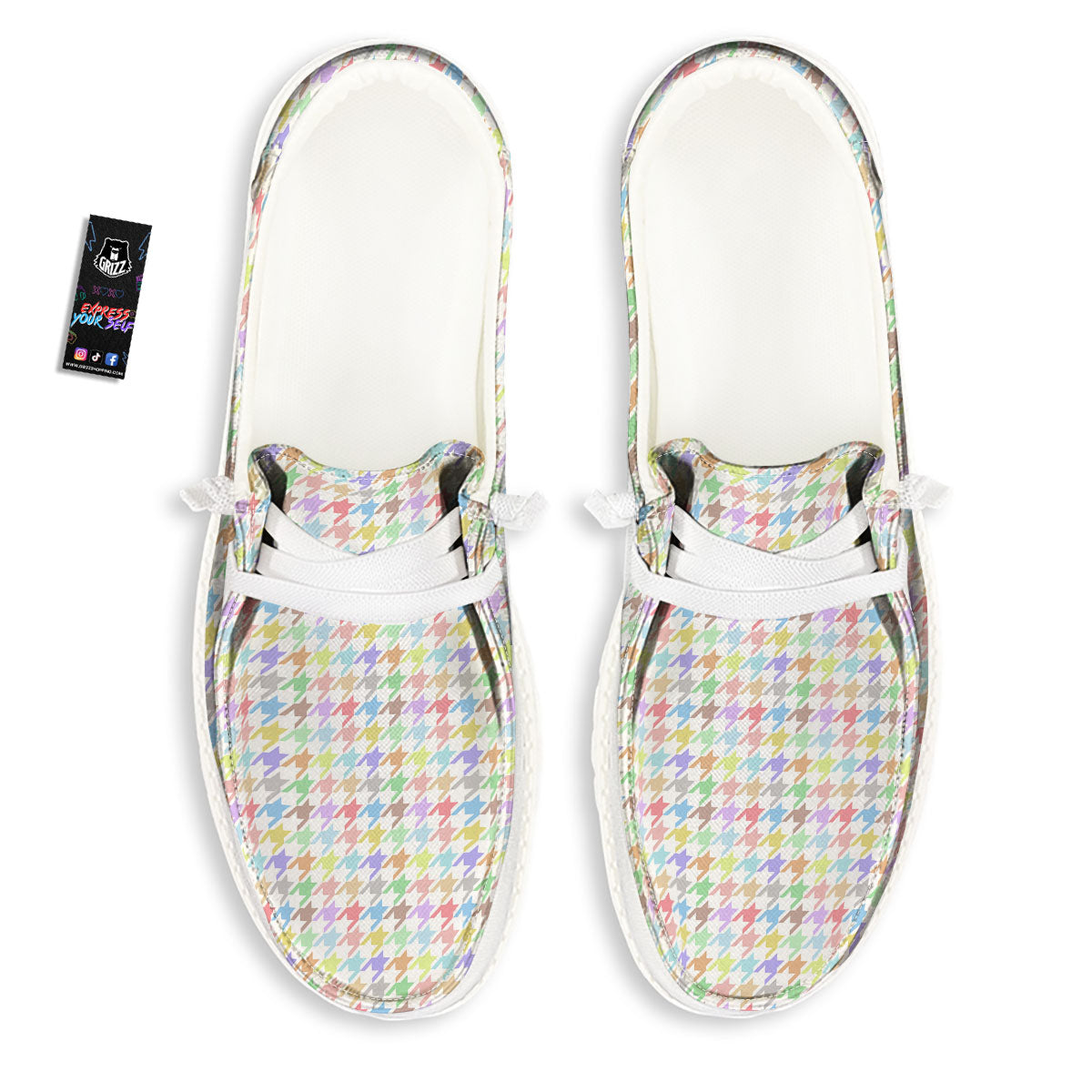 Houndstooth Colorful Print White Loafers-grizzshop