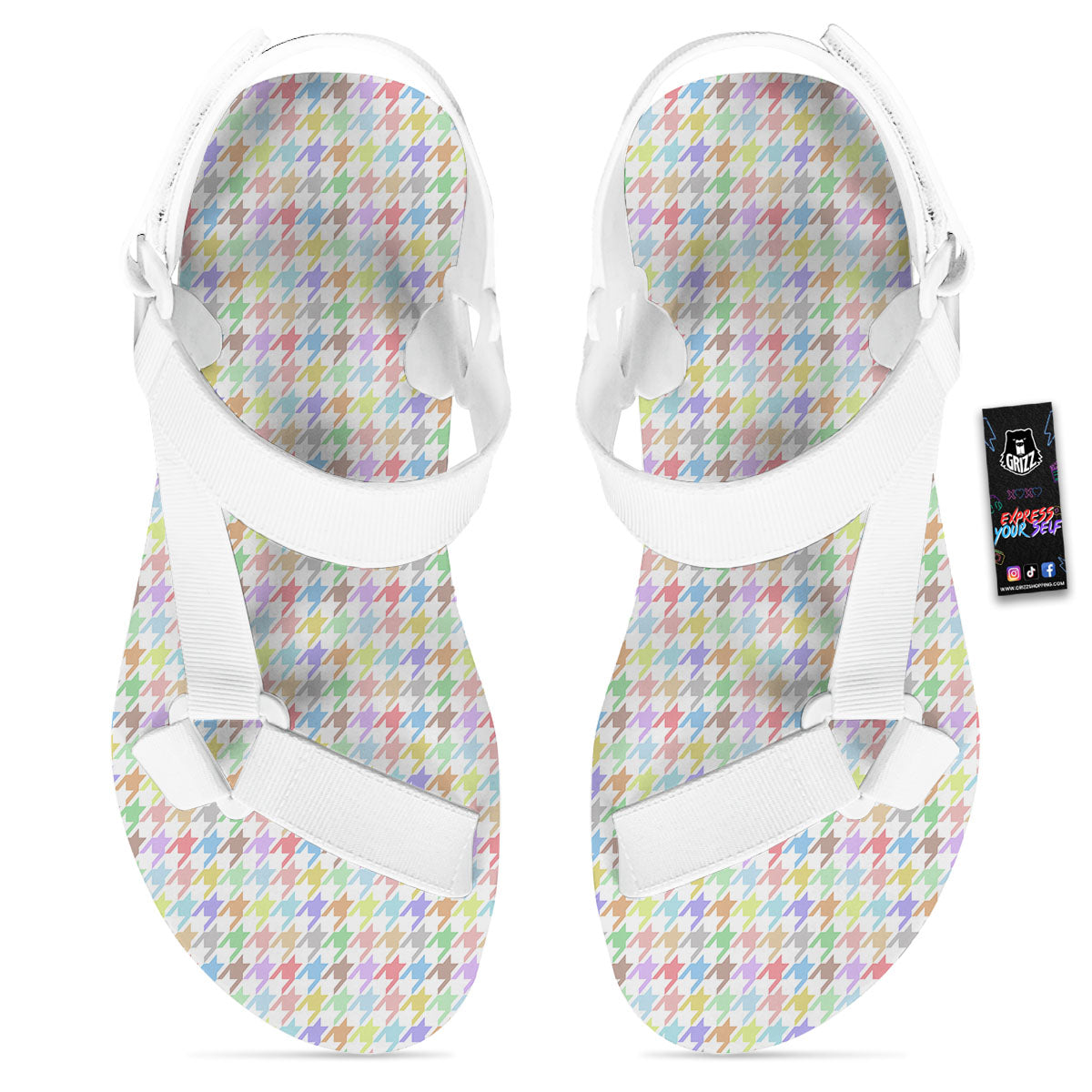 Houndstooth Colorful Print White Open Toe Sandals-grizzshop