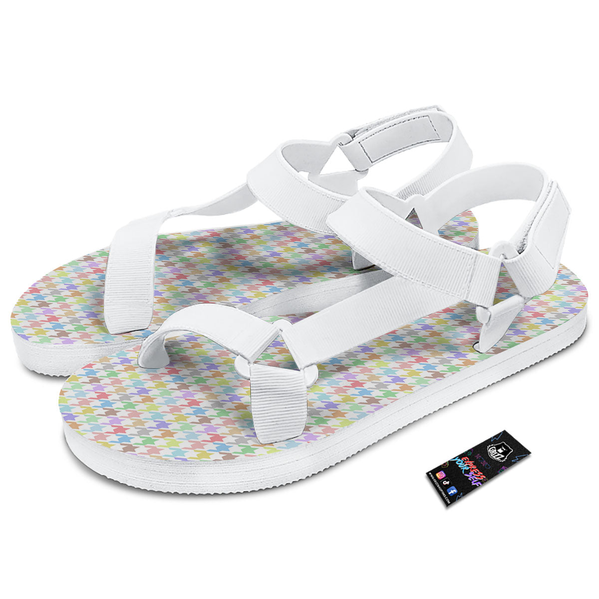 Houndstooth Colorful Print White Open Toe Sandals-grizzshop